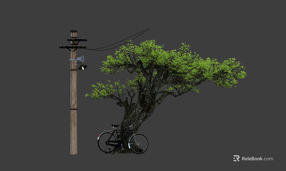 Roadside Facilities Featuring Telephone Pole Power Lines Tree And Bicycle 3d model 