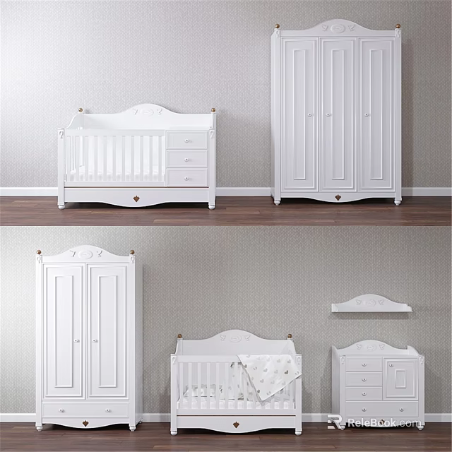 White Kids Bed With Wardrobe Drawer Chest And Shelf For Nursery Bedroom 3d model 