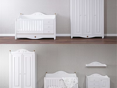 White Kids Bed With Wardrobe Drawer Chest And Shelf For Nursery Bedroom 3d model