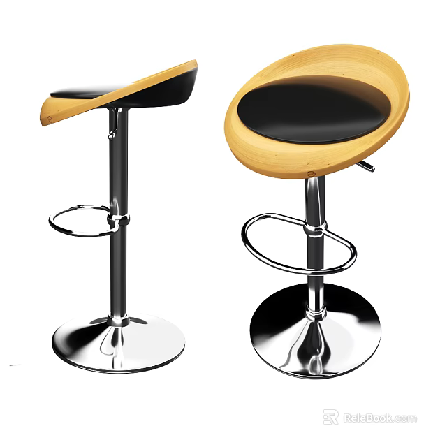 Adjustable Modern Bar Stools With Wooden Padded Seat And Metal Round Base Footrest 3d model 