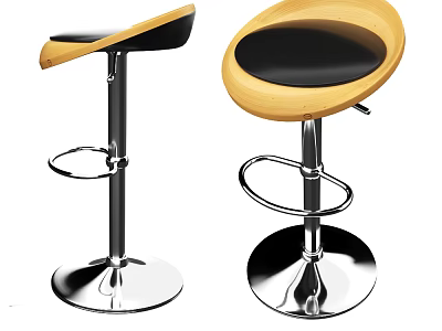 Adjustable Modern Bar Stools With Wooden Padded Seat And Metal Round Base Footrest 3d model