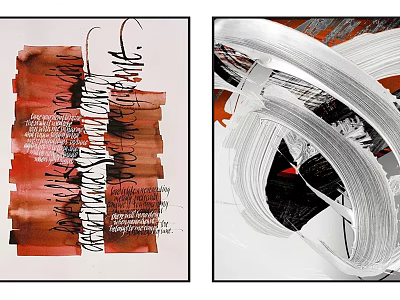 Colorful Abstract Art Pieces Featuring Red Black Strokes And White Curved Lines 3d model