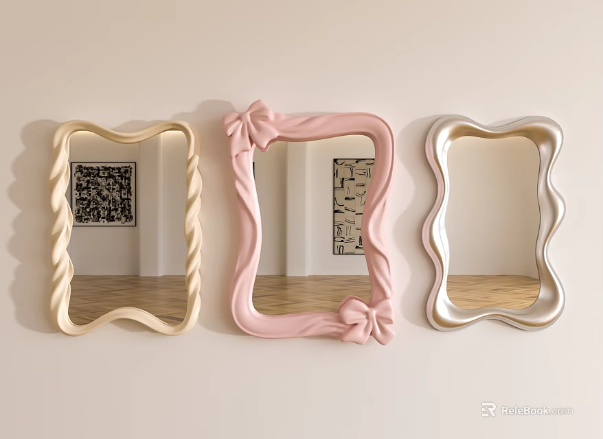 Three Decorative Wall Mirrors With Beige Pink Silver Frames And Bow Design 3d model 