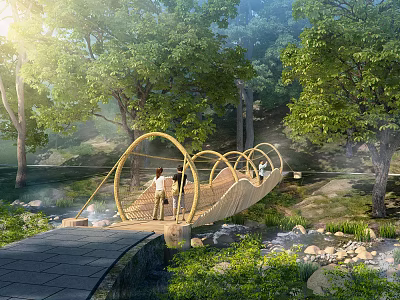 Sunlit Wooden Arched Bridge With People Walking Amidst Trees And Stream 3d model