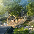 Sunlit Wooden Arched Bridge With People Walking Amidst Trees And Stream