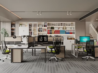 Modern Public Office Space Interior With Desk Workstations Ergonomic Chairs And Bookshelf Storage 3d model