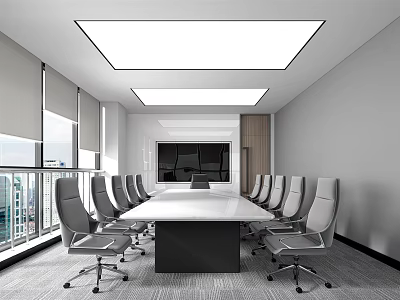 Modern Conference Room With Long Table Gray Chairs Floor to Ceiling Windows and White Lighting 3d model