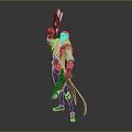 Fantasy Character Standing With Long Weapon And Sword On Back In White Green Outfit
