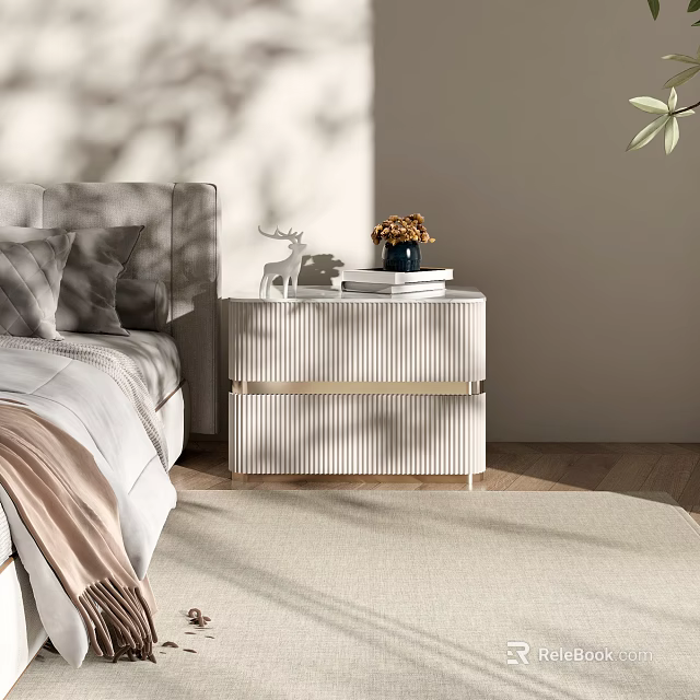 White Striped Gold Handle Bedside Table With Deer Ornament Books Flower Vase In Modern Bedroom 3d model 