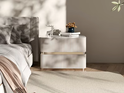 White Striped Gold Handle Bedside Table With Deer Ornament Books Flower Vase In Modern Bedroom 3d model