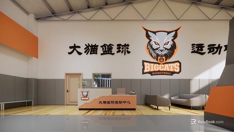Big Cats Basketball Gym Interior With Reception Area Desk Sofa And Logo On Wall 3d model 