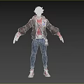 A Man With White Hair Wearing Brown Jacket Red Hoodie Blue Jeans And Red Sneakers