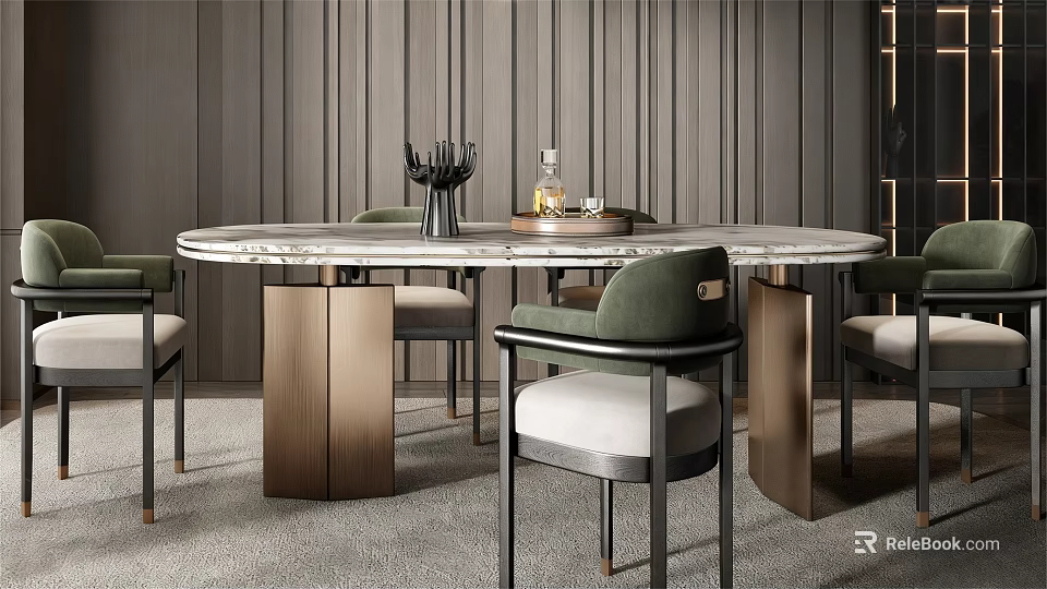 Modern Oval Dining Table Set With Marble Top Green Chairs And Metal Legs 3d model 