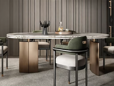 Modern Oval Dining Table Set With Marble Top Green Chairs And Metal Legs 3d model