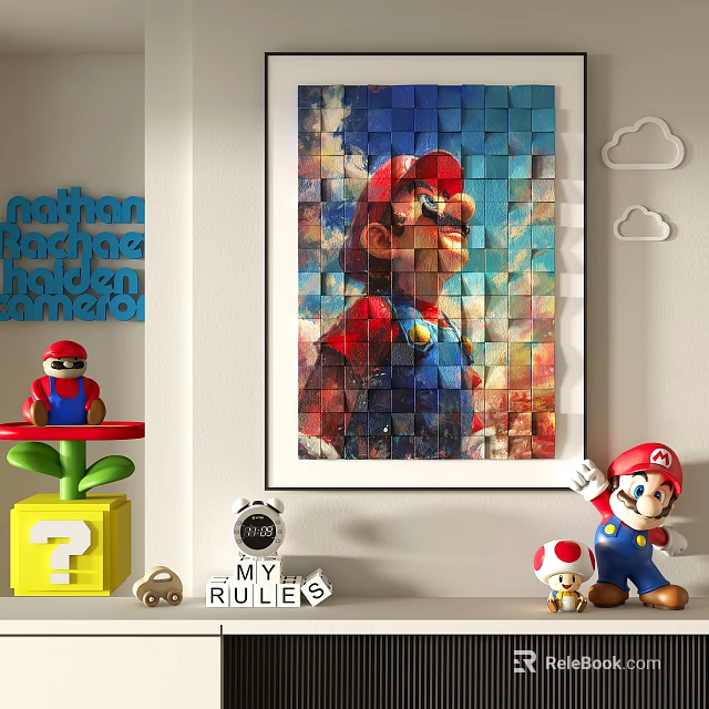 Mario Themed Room Decor With Mosaic Art Figurine Question Block And Toadstool 3d model