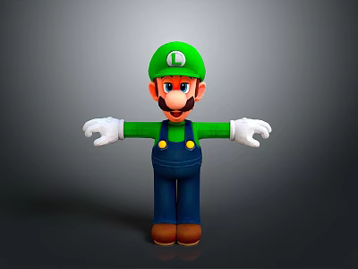 Green Hat Blue Overalls Game Character With Outstretched Arms And Brown Shoes 3d model