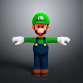 Green Hat Blue Overalls Game Character With Outstretched Arms And Brown Shoes