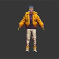 Game and Movie Character With Yellow Puffy Jacket White Pants Orange Shoes Red Hands Sunglasses
