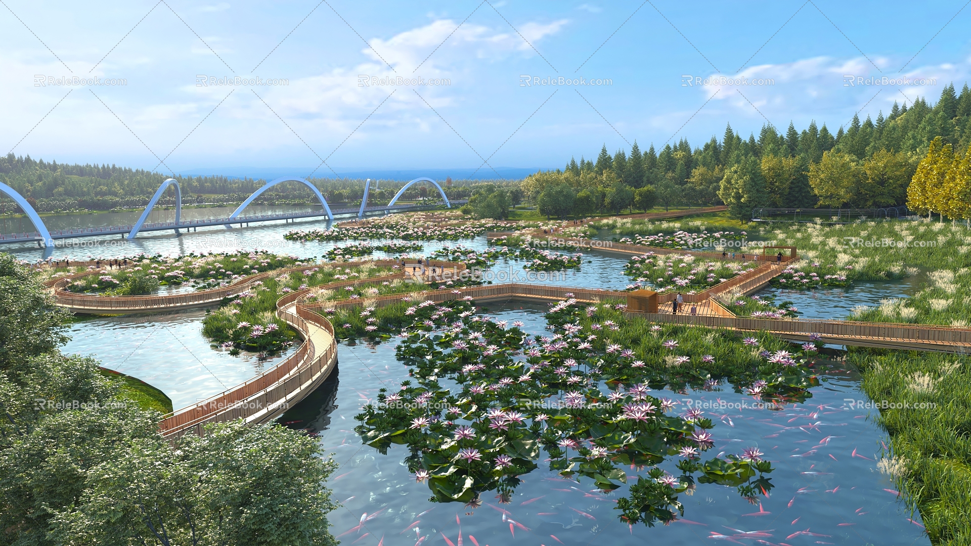 Modern Landscape Lotus Koi Fish Group Landscape Bridge Wooden Plank Road 3d model