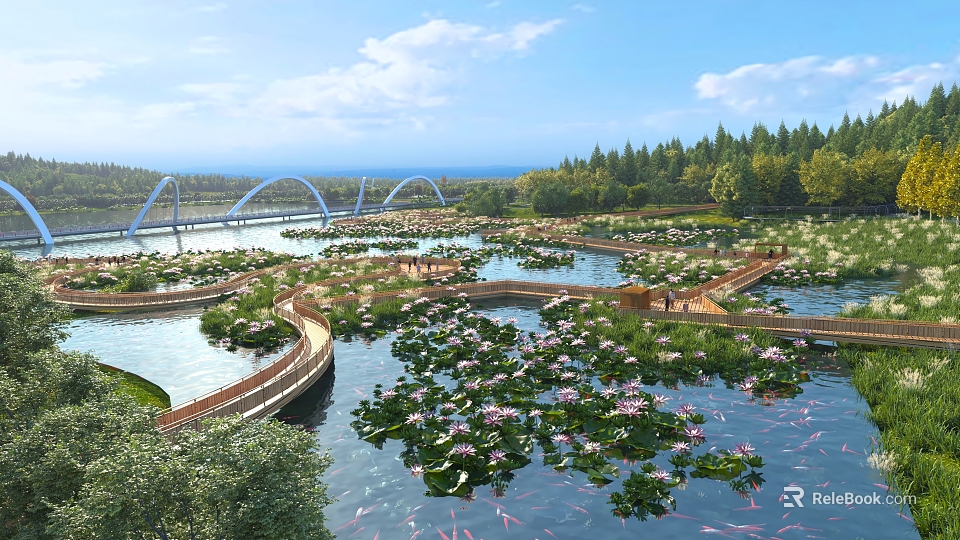 Scenic Waterfront Landscape With Water Lilies Koi Fish Wooden Walkways Bridge And Green Trees 3d model 