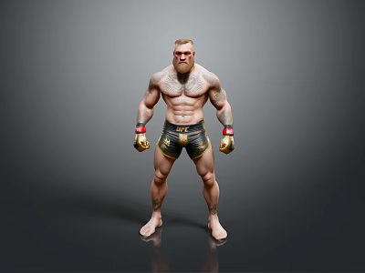 Muscular Bearded Man In Black Gold Boxing Shorts With Gold Gloves Standing On Gray Background 3d model
