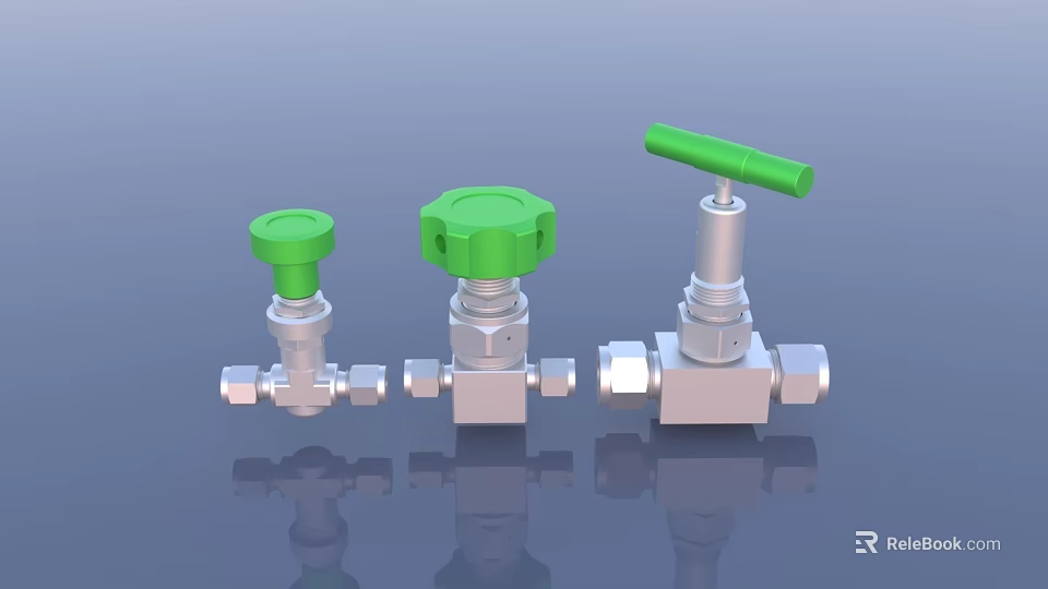 Different Types Of Pipeline Valves With Green Handles And Metal Bodies 3d model 