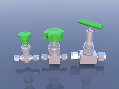 Different Types Of Pipeline Valves With Green Handles And Metal Bodies 3d model