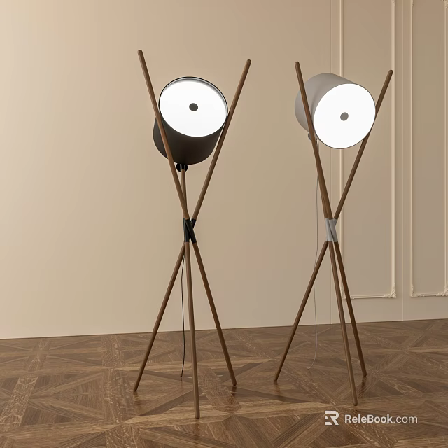 Two Modern Floor Lamps With Wooden Cross Legs And Round White Shades In Interior 3d model 