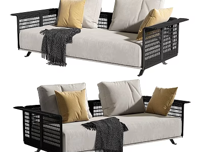 Two Seater Sofa with White Cushions Black Woven Frame Yellow Accent Pillows and Throw Blanket 3d model