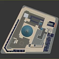 Multi Storey Building Architectural Model With Blue Grey Roofs Circular Skylight And Classical Modern Facade