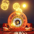 Red Circular Art Installation With Dragon Pattern In Night Sky Fireworks And Lighting 3d model