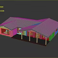 Cartoon Scene of Modern Wooden Cottage with Sloped Roofs Porch and Windows