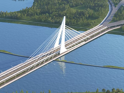 Cable Stayed Bridge With White Pylon Spanning Blue Water And Green Vegetation 3d model