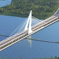 Cable Stayed Bridge With White Pylon Spanning Blue Water And Green Vegetation 3d model