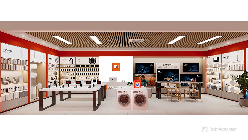 Xiaomi Store Interior With Mobile Phones Washing Machines TVs And Display Shelves 3d model 