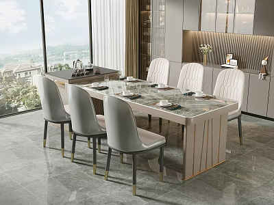 Modern Dining Table Set With Marble Tabletop White Chairs And Gold Legs In Bright Room 3d model
