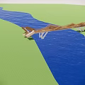 Modern Wooden Bridge With Wavy Railings Over River And Natural Landscape