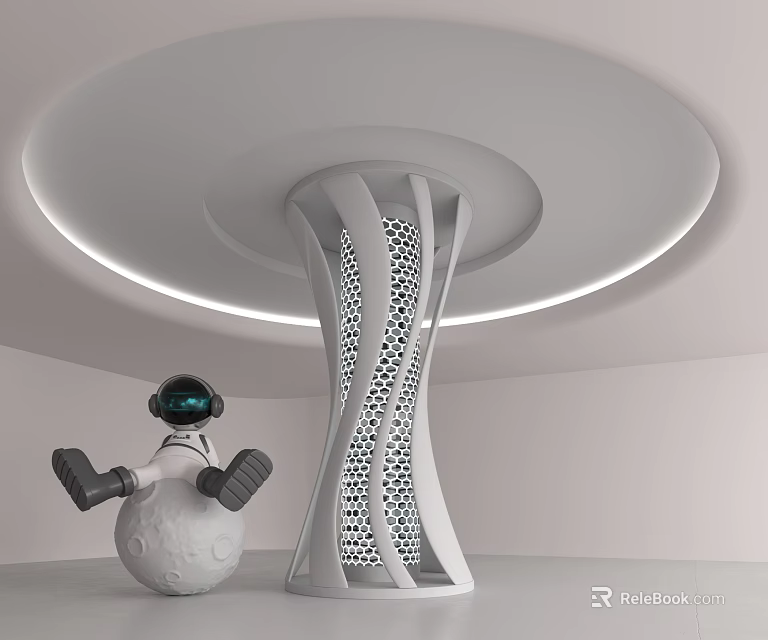 Modern Pillar With Hollow Texture Featuring Astronaut On Moon Shaped Sphere Under Circular Lighting 3d model 