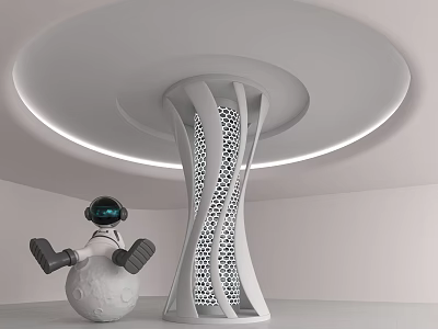 Modern Pillar With Hollow Texture Featuring Astronaut On Moon Shaped Sphere Under Circular Lighting 3d model