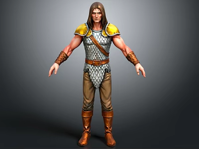 Man In Yellow Shoulder Armor Silver Scale Vest Brown Pants Boots And Arm Bracers 3d model