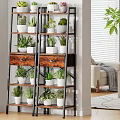 Multi tiered Wood and Metal Plant Shelving Unit with Drawers and Potted Plants