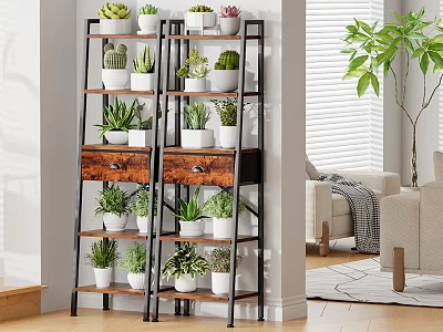 Multi tiered Wood and Metal Plant Shelving Unit with Drawers and Potted Plants 3d model