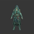 Man in Hooded Assassin Style Coat With Red Sash And Armored Details