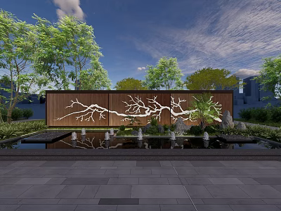 Wooden Feature Wall With Tree Branch Patterns Surrounded By Green Plants And Reflection Pool 3d model