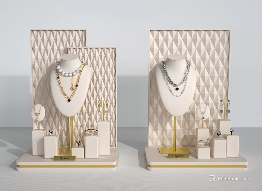 Elegant Jewelry Display Shelves With Geometric Pattern White Gold For Showcasing Necklaces Earrings Rings 3d model 