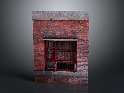 Cartoon Scene Depicting Red Brick Wall With Partially Open Red Framed Window And Iron Grilles 3d model