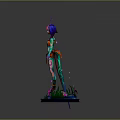 Colorful Animated Game Character With Blue Hair Purple Headdress Orange Outfit And Petal Base