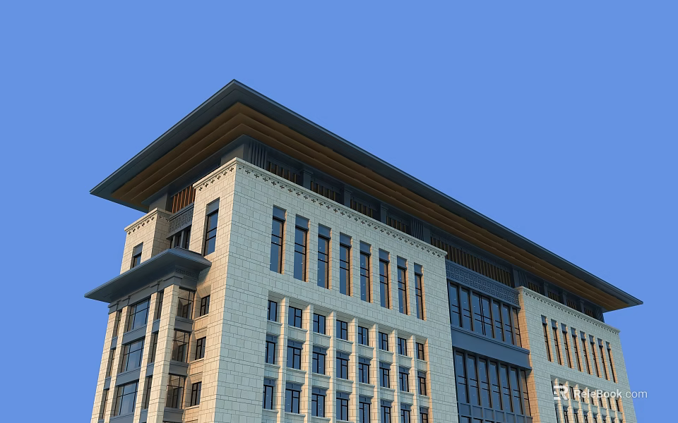 Modern Office Building With Stone Exterior Large Windows And Unique Roof Design 3d model 