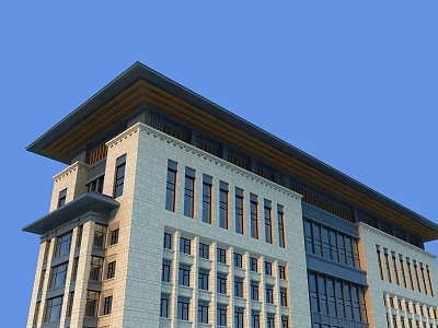 Modern Office Building With Stone Exterior Large Windows And Unique Roof Design 3d model