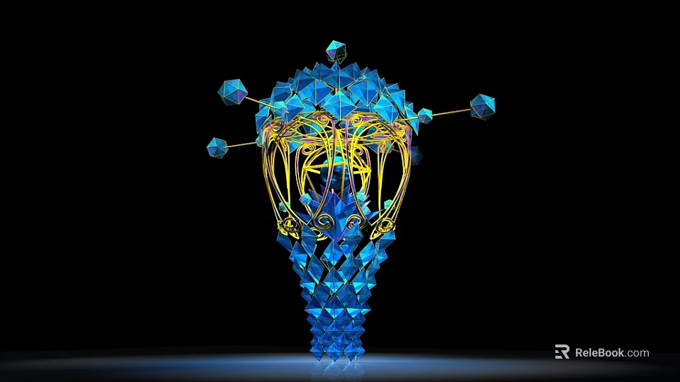 Intricate Blue Geometric Sculpture with Golden Lines and Crystal Like Structure Design 3d model 